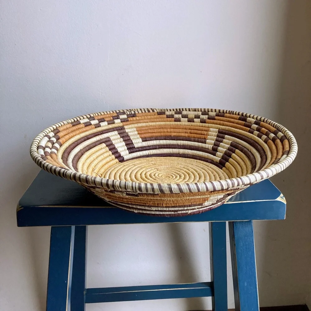 Vintage Large 18” African Handwoven Basket Wall Hanging Decor Geometric Design